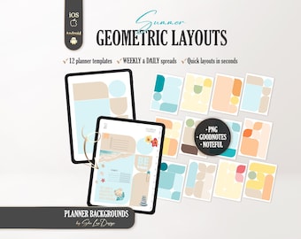 Daily and Weekly digital planner inserts, Summer Geometric Layouts, Digital planner templates  Goodnotes Noteful layout, Planner background