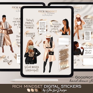 Rich Mindset Goodnotes stickers, Black girl digital stickers, Money good notes stickers, Digital planner stickers, Black woman finance PNG