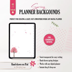 May include: Digital planner backgrounds with a spring theme. The image features a tablet displaying a white page with pink cherry blossom illustrations. Text includes "Spring Planner Backgrounds" and "Hand-drawn on iPad". A pink circle indicates compatibility with GoodNotes and Noteful.
