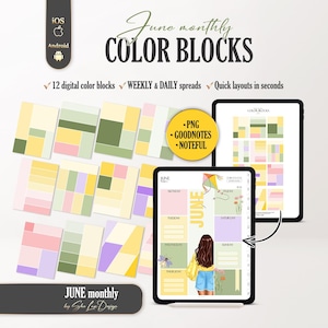 May include: Digital planner design featuring "June monthly COLOR BLOCKS" with 12 digital color blocks, weekly and daily spreads, and quick layouts. The design includes a tablet displaying a planner layout with a girl illustration, and a mobile device icon.