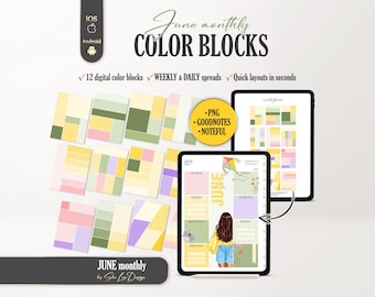June 2026 Color Blocks Digital Stickers, Summer Digital Planner Templates, Daily Weekly insert Layout Boxes, GoodNotes Noteful backgrounds