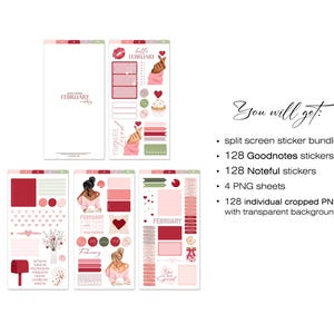 May include: A collection of digital planner stickers in shades of red, pink, and green, with the word "February" featured prominently. The stickers include hearts, decorative elements, and illustrations, perfect for digital planning.