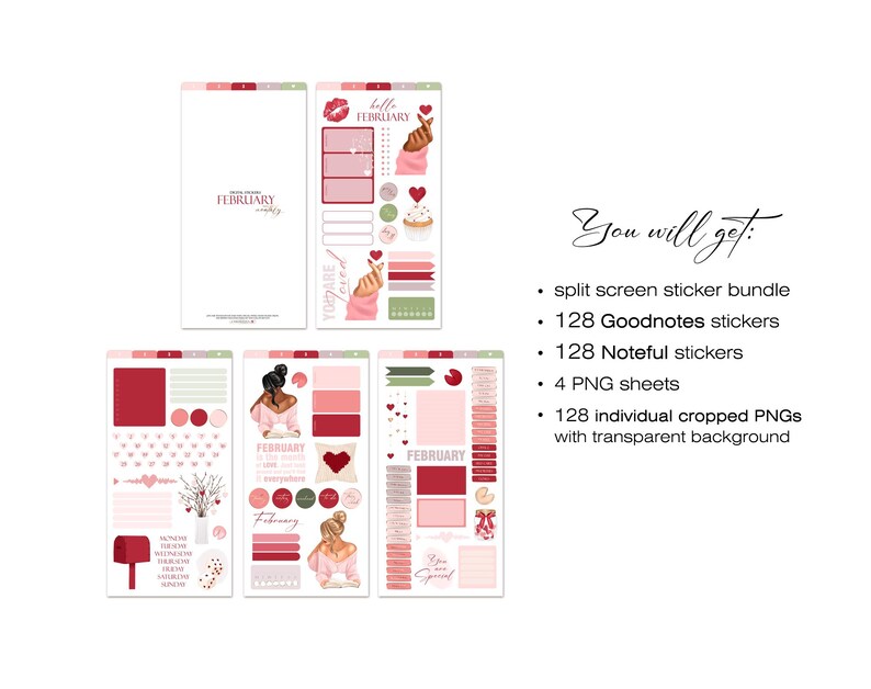 May include: A collection of digital planner stickers in shades of red, pink, and green, with the word "February" featured prominently. The stickers include hearts, decorative elements, and illustrations, perfect for digital planning.
