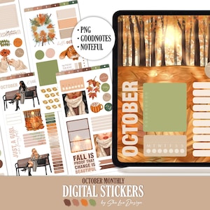 Puede incluir: Pegatinas digitales para planificador con temática otoñal. La imagen incluye una tableta que muestra un paisaje otoñal y varias hojas de pegatinas con calabazas, hojas y el texto "Octubre". Las pegatinas son para GoodNotes y Noteful.