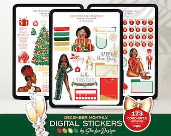 December Digital Stickers, Christmas stickers for GoodNotes planner, Winter stickers, Black girl Digital planner, XMas sticker, New Year PNG