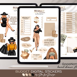 Budget stickers, Digital Stickers for GoodNotes, Finance stickers, Fashion girl stickers, Monthly budget, Bujo stickers