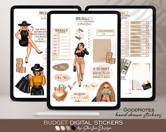 Pegatinas de presupuesto, Pegatinas digitales para GoodNotes, Pegatinas de finanzas, Pegatinas de chicas de moda, Presupuesto mensual, Pegatinas de Bujo