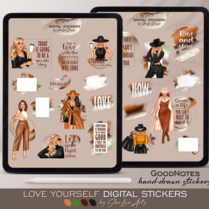 May include: Digital stickers for GoodNotes featuring illustrations of women with inspirational quotes. The stickers are in a brown, green, and black color scheme with a fall theme. The text includes quotes like "Fall in love with the process" and "Let your light shine".