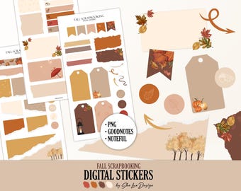Può includere: Una collezione di adesivi digitali per scrapbooking a tema autunnale. Gli adesivi includono etichette, banner, cerchi ed elementi decorativi come foglie, zucche e una lanterna. La tavolozza dei colori presenta tonalità calde di arancione, marrone e beige. Il testo sull'immagine recita "FALL SCRAPBOOKING DIGITAL STICKERS".