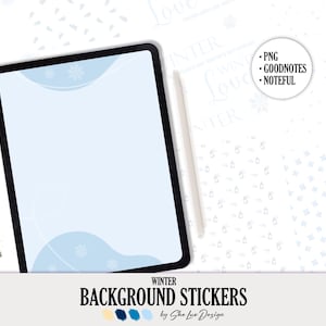 May include: A digital tablet with a light blue winter-themed background and a stylus. The image includes text that reads "Winter Background Stickers" and "PNG, GoodNotes, Noteful". The design features snowflakes and a watercolor tree.