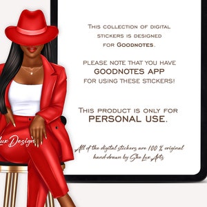 May include: Digital stickers designed for Goodnotes app. The image shows a woman wearing a red hat, red blazer, and red pants. The text on the image says "This collection of digital stickers is designed for Goodnotes. Please note that you have Goodnotes app for using these stickers! This product is only for personal use. All of the digital stickers are 100% original hand-drawn by She Lux Arts."