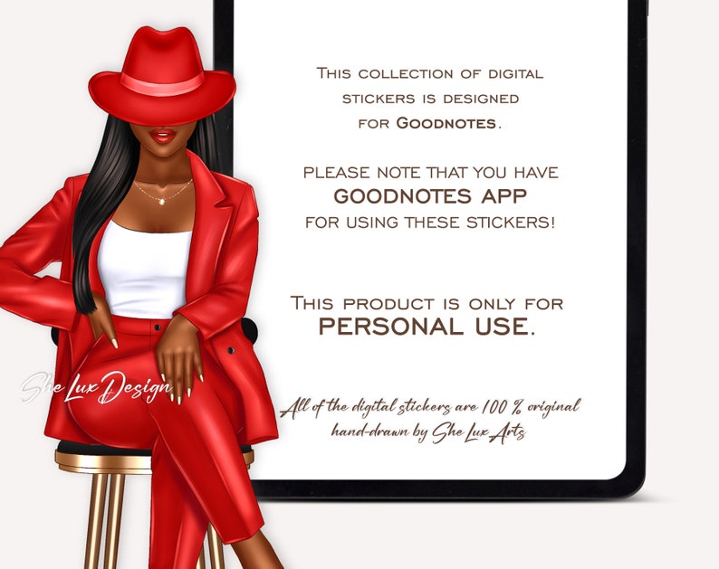 May include: Digital stickers designed for Goodnotes app. The image shows a woman wearing a red hat, red blazer, and red pants. The text on the image says "This collection of digital stickers is designed for Goodnotes. Please note that you have Goodnotes app for using these stickers! This product is only for personal use. All of the digital stickers are 100% original hand-drawn by She Lux Arts."