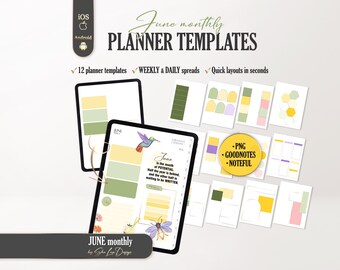 June 2026 Digital Planner Templates, Summer Background Stickers PNG, Daily Weekly Layout Inserts GoodNotes Noteful template backgrounds