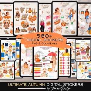 May include: A set of 580+ digital stickers featuring autumn themes, including fall leaves, pumpkins, and illustrations of people wearing fall-themed clothing. The stickers are designed for use in digital planners and note-taking apps.