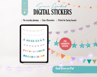 2026 Summer garland & bunting planner stickers, Star lights garlands, Snowflakes garland digital stickers, New Year planning decor stickers
