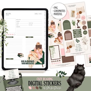 Könnte beinhalten: Digitale Sticker und eine digitale Planerseite mit dem Thema Lesen. Die Sticker enthalten Illustrationen von Büchern, Katzen und einer Schreibmaschine. Die Planerseite hat ein Layout für Buchbesprechungen. Der Text lautet "Lesen ist meine Therapie".