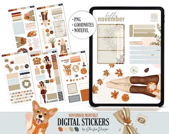 November digital stickers 2025, Goodnotes Noteful PNG Planner stickers, Thanksgiving digital stickers, Fall sticker book, November planning