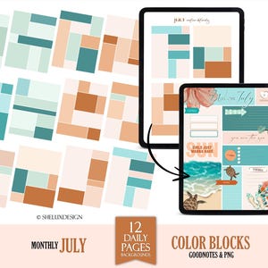 Può includere: Modelli di pianificazione digitale con design a blocchi di colore nei toni del verde acqua, pesca e marrone. L'immagine include due tablet che mostrano pagine di pianificazione con il testo "July" e "Color Blocks". Ulteriori grafiche includono una scena di spiaggia.