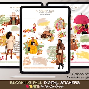 Pode incluir: Adesivos digitais para GoodNotes com ilustrações de mulheres com roupas de outono, com textos como "O outono é minha estação favorita" e "Deixe o outono começar".