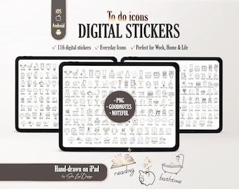 EVERYDAY digital stickers for Goodnotes planner, Daily To Do icons PNG, Pre-cropped basic sticker book, 464 hand-drawn elegant sticker pack