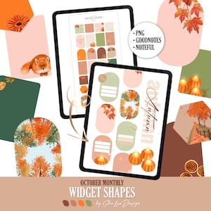 May include: Digital widget shapes for October, with an autumn theme. The image shows tablets displaying various shapes with fall foliage, pumpkins, and the word "Autumn". Additional elements include a fox, leaves, and the text "Widget Shapes".