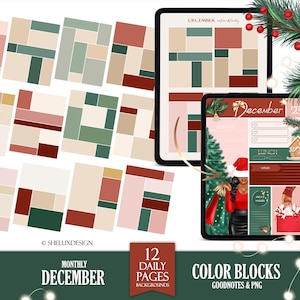 Puede incluir: Un conjunto de 12 fondos de planificador digital en bloques de color para Goodnotes y PNG. Los fondos presentan una variedad de colores, incluyendo rojo, verde, beige y blanco. Los fondos son perfectos para crear un planificador de diciembre festivo.