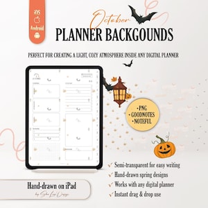 May include: Digital planner backgrounds for October featuring a tablet display with a daily schedule layout. The design includes a black bat, a lit lantern, and a jack-o'-lantern pumpkin. Text includes October Planner Backgrounds, PNG, Goodnotes, Noteful, and Hand-drawn on iPad.