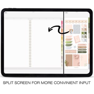May include: A split screen view of a digital planner app on a tablet. The left side shows a blank page, while the right side displays a variety of digital stickers and icons in shades of green, brown, and white. The stickers include floral designs, a cross, and the words "today" and "tomorrow".