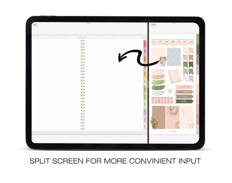 May include: A split screen view of a digital planner app on a tablet. The left side shows a blank page, while the right side displays a variety of digital stickers and icons in shades of green, brown, and white. The stickers include floral designs, a cross, and the words "today" and "tomorrow".