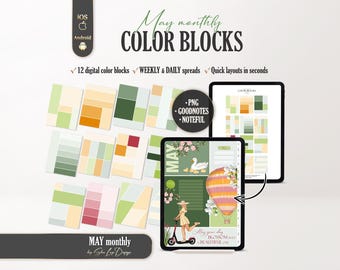 May 2026 Color Blocks Digital Stickers, Spring Digital Planner Templates, Daily Weekly insert Layout Boxes, GoodNotes Noteful backgrounds