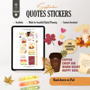 Może przedstawiać: Cyfrowy zestaw naklejek na wrzesień z jesiennymi ilustracjami, w tym liśćmi, świecą, kubkiem kawy i cytatami tekstowymi, takimi jak "Coffee crisp air warm heart happy soul" oraz "Life starts all over again when it gets crisp in the fall."