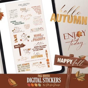 Op de afbeelding: Digitale stickers met herfstthema citaten en afbeeldingen. De stickers bevatten zinnen als "Hello Autumn" en "Happy Fall", samen met herfstbladeren en een houten bord. Het kleurenpalet bevat tinten bruin, oranje en beige.