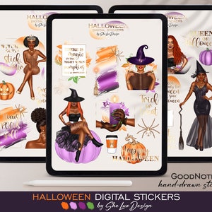 Black girl Halloween digital stickers, Goodnotes stickers, Witch PNG, Halloween planner stickers, African American woman, Gold sticker