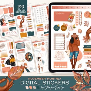 May include: A set of 199 digital stickers featuring a fall theme with illustrations of leaves, a woman in a brown sweater and jeans, and a lantern. The stickers are designed for use in digital planners and journals. The text "NOVEMBER MONTHLY DIGITAL STICKERS by She Lux Design" is included in the image.