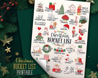 Può includere: Un elenco di cose da fare a Natale stampabile con illustrazioni festive e caselle di controllo. L'elenco include attività come decorare un albero di Natale, cuocere biscotti e bere cioccolata calda. Il titolo "Christmas Bucket List" è visibile.