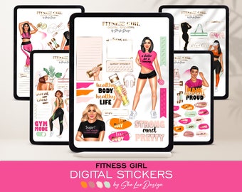 Fitness digital stickers, Workout and exercise Goodnotes planner stickers, Gym and Selfcare sticker bundle, Sport girl to do icons PNG