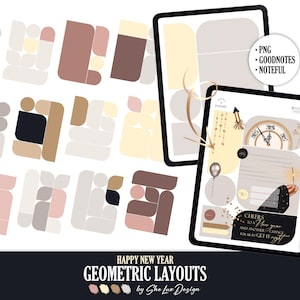 Può includere: Layout di pianificatore digitale con design geometrici in tonalità neutre. L'immagine include due tablet che mostrano pagine di pianificatore con temi di Capodanno, con orologi, fuochi d'artificio e il testo "Cheers to a New Year".