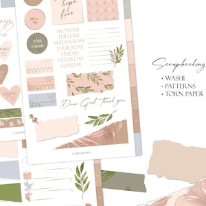 May include: A set of printable planner stickers with a religious theme. The stickers feature floral designs, torn paper, and inspirational quotes like "God says you are" and "Dear God, thank you".