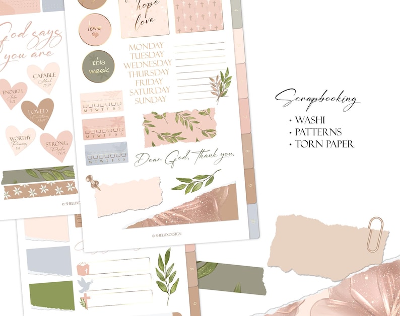 May include: A set of printable planner stickers with a religious theme. The stickers feature floral designs, torn paper, and inspirational quotes like "God says you are" and "Dear God, thank you".