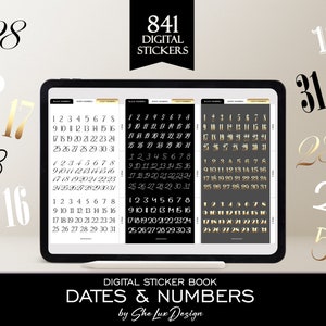 Digital planner stickers Dates and Numbers, Calendar Goodnotes elements PNG, Number digital sticker bundle, Black White and Gold calligraphy