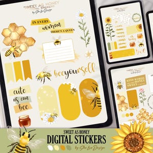 Honey Bee Digital stickers PNG, Bumblebee on sunflower Goodnotes sticker set, Honeycomb hand-drawn illustration for digital planning