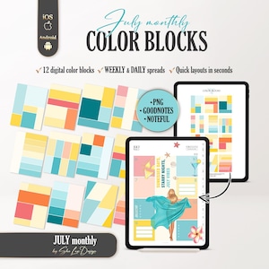 July Color Blocks 2026 Digital Stickers, Summer beach Digital Planner Templates, Daily Weekly insert Layouts, GoodNotes Noteful backgrounds