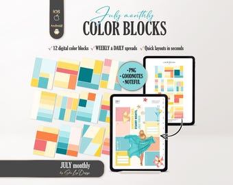 July Color Blocks 2026 Digital Stickers, Summer beach Digital Planner Templates, Daily Weekly insert Layouts, GoodNotes Noteful backgrounds