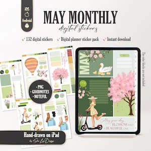 May include: Digital planner stickers for May, featuring a tablet with a spring scene, a hot air balloon, and other decorative elements. The image includes the text "May Monthly Digital Stickers" and "132 digital stickers."