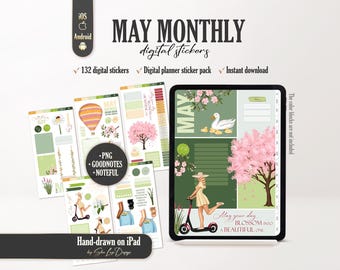 May 2026 Monthly Digital Stickers PNG, Digital Planner Stickers for GoodNotes, Noteful, Spring Theme sticker set, Planning sticker pack
