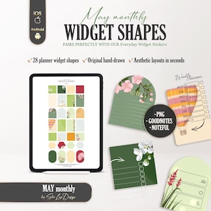 May include: Digital planner widget shapes with floral and botanical designs. The image includes a tablet displaying various widget templates, along with individual widgets for note-taking and weekly spending. Text includes "May monthly WIDGET SHAPES".