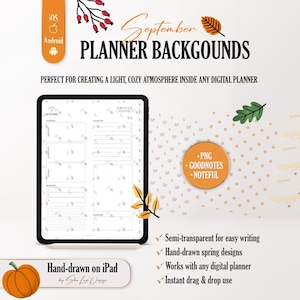 Peut inclure: Arrière-plans de planificateur numérique avec des illustrations sur le thème de septembre, incluant des feuilles d'automne et des baies. Le lot comprend des fichiers PNG compatibles avec iOS et Android pour des applications comme Goodnotes et Noteful.