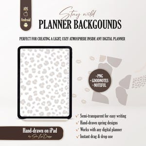 May include: Digital planner backgrounds with a leopard print design. The image shows a tablet with a white and gray leopard print pattern. Text on the image includes "Stay Wild Planner Backgrounds" and "Hand-drawn on iPad".