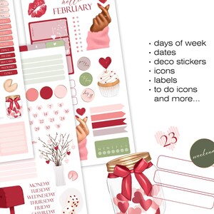 May include: A collection of planner stickers in shades of red, pink, and white. The stickers include labels, icons, dates, and decorative elements. The text includes "hello February", "days of week", and "weekend".