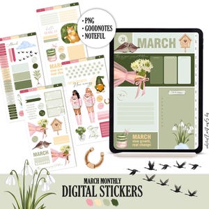 May include: Digital stickers for March, featuring a spring theme. The image includes a tablet with a March calendar layout, along with sticker sheets. The stickers have illustrations of birds, flowers, and a gnome. Text includes "March" and "slow growth, real change."